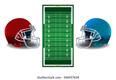 A realistic textured American football field and helmets isolated on a white background illustration. Vector EPS 10 available. EPS file contains transparencies and gradient mesh.