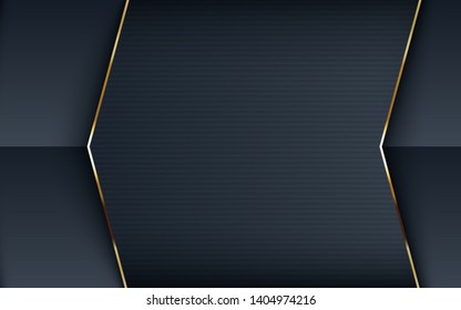 Realistic textured black background. Arrow overlap layers  with golden line concept.