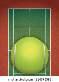 A Realistic Textured Tennis Court And Tennis Ball Illustration. Room For Copy. Vector EPS 10. EPS File Contains Transparencies. 