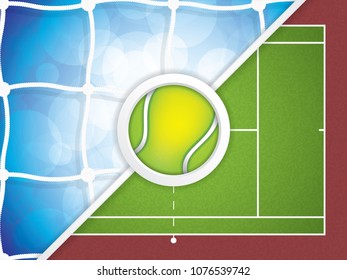 A realistic textured tennis field and tennis ball illustration.