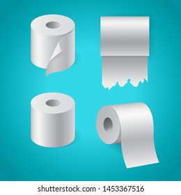 Realistic textured toilet paper roll set mock up template, torned toilet paper, cash tape, vector illustration isolated