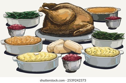 realistic thanksgiving big family table fall celebration turkey mashed potato autumn food isolated on white background