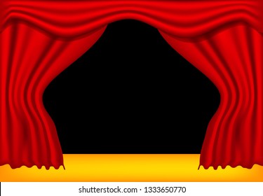 realistic theater curtains, stage cinema, red background template decorations, movie , ceremony , presentation , modern template windows backdrop black and gold