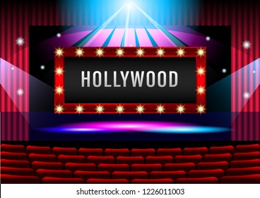 Realistic Theater stage with red curtain banner Hollywood. beautiful lighting spotlights seat view from the audience hall. Vector Illustration