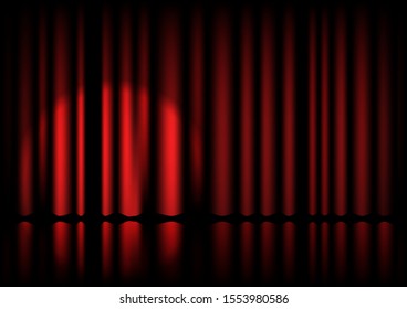 Realistic theater stage. Red curtains and spotlight, Broadway show background, elegant cinema drape. Vector