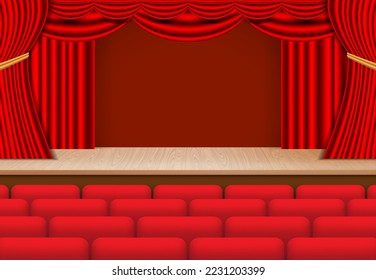 realistic theater wooden stage with lights and red curtain.