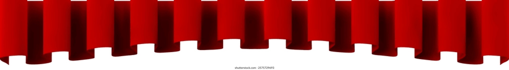 Realistic theatre stage decoration, dramatic luxurious scarlet silk velvet curtains creating a wavy border on white background, vector illustration set