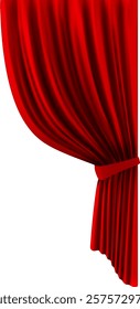 Realistic theatre stage decoration, dramatic red luxurious curtains tied with a ribbon, slightly open on a white background, creating a sense of anticipation and drama