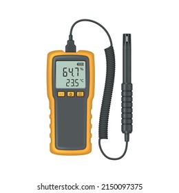 Realistic thermohygrometer with probe. Measuring device designed to determine the humidity of air and gases. Vector illustration.