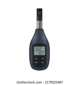 Realistisches Thermohygrometer mit Sonde. Messeinrichtung zur Bestimmung der Luftfeuchtigkeit und der Gase. Vektorgrafik.