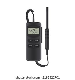 Realistic thermohygrometer with probe. Measuring device designed to determine the humidity of air and gases. Vector illustration.