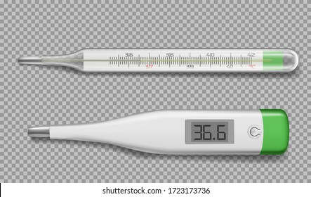 Realistic thermometers electronic and mercury glass devices with normal healthy temperature top view. Medical equipment, tool for body heat measurement isolated design elements, 3d vector illustration