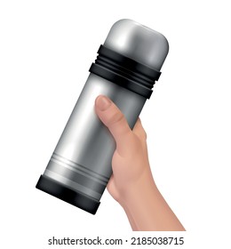 Realistic thermos hand concept closed silver thermos in hand on white background vector illustration