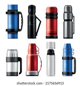Realistic thermos icon set stylish urban hiking thermoses in different colors and sizes vector illustration