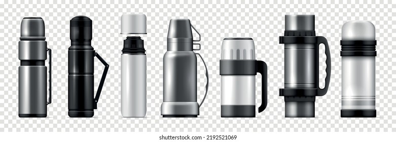 Realistic thermos transparent icon set various thermoses large and small white black and gray vector illustration