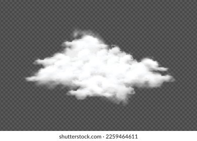 Realistische, dicke Cloud-Vektorgrafik für Schablonendekoration oder Manipulation von Designs. Weiße Wolken sind einzeln auf transparentem Hintergrund für Sturm oder Himmelskonzept. Rauchwolken-Design und Nebel-Umgebung.