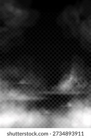 Realistic thick smog clouds effect. Vector illustration with white mystery fog or mist over ground. Atmospheric phenomenon with condensation of water in the air. Transparent overlay effect.