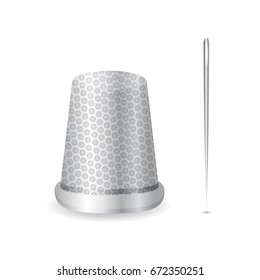 Realistic thimble and needle icon. Vector illustration