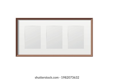 Realistic thin rectangular frame for three photos mockup vector illustration
