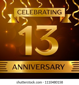 Realistic Thirteen Years Anniversary Celebration Design. Golden confetti and gold ribbon on brown background. Colorful Vector template elements for your birthday party