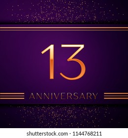 Realistic Thirteen Years Anniversary Celebration design banner. Golden number and confetti on purple background. Colorful Vector template elements for your birthday party