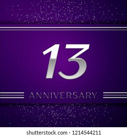 Realistic Thirteen Years Anniversary Celebration design banner. Silver number and confetti on purple background. Colorful Vector template elements for your birthday party
