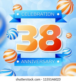 Realistic Thirty eight Years Anniversary Celebration design banner. Gold numbers and blue ribbons, balloons on blue background. Colorful Vector template elements for your birthday party