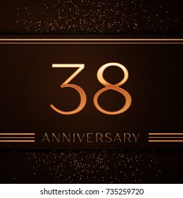 Realistic Thirty eight Years Anniversary Celebration Logotype. Golden numbers and golden confetti on brown background. Colorful Vector template elements for your birthday party