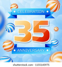 Realistic Thirty five Years Anniversary Celebration design banner. Gold numbers and blue ribbons, balloons on blue background. Colorful Vector template elements for your birthday party