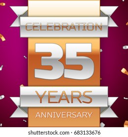 Realistic Thirty five Years Anniversary Celebration Design. Silver and golden ribbon, confetti on purple background. Colorful Vector template elements for your birthday party. Anniversary ribbon
