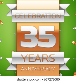 Realistic Thirty five Years Anniversary Celebration Design. Silver and golden ribbon, confetti on green background. Colorful Vector template elements for your birthday party. Anniversary ribbon