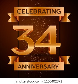 Realistic Thirty four Years Anniversary Celebration design banner. Golden number, confetti and ribbon on brown background. Colorful Vector template elements for your birthday party