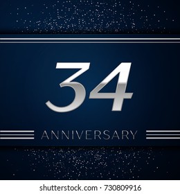 Realistic Thirty four Years Anniversary Celebration Logotype. Silver numbers and silver confetti on blue background. Colorful Vector template elements for your birthday party