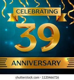 Realistic Thirty nine Years Anniversary Celebration Design. Golden confetti and gold ribbon on blue background. Colorful Vector template elements for your birthday party