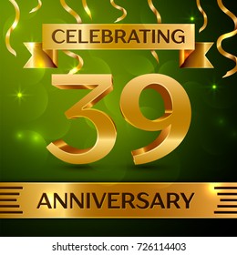 Realistic Thirty nine Years Anniversary Celebration Design. Confetti and gold ribbon on green background. Colorful Vector template elements for your birthday party. Anniversary ribbon