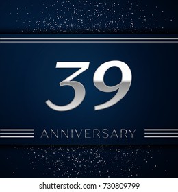 Realistic Thirty nine Years Anniversary Celebration Logotype. Silver numbers and silver confetti on blue background. Colorful Vector template elements for your birthday party