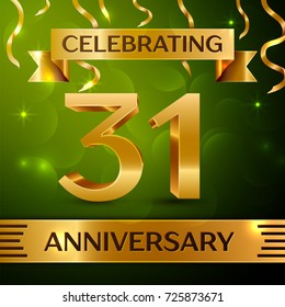 Realistic Thirty one Years Anniversary Celebration Design. Confetti and gold ribbon on green background. Colorful Vector template elements for your birthday party. Anniversary ribbon