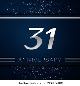Realistic Thirty one Years Anniversary Celebration Logotype. Silver numbers and silver confetti on blue background. Colorful Vector template elements for your birthday party
