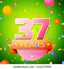 Realistic Thirty seven Years Anniversary Celebration Design. Pink numbers and golden ribbon, confetti on green background. Colorful Vector template elements for your birthday party