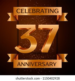 Realistic Thirty seven Years Anniversary Celebration design banner. Golden number, confetti and ribbon on brown background. Colorful Vector template elements for your birthday party