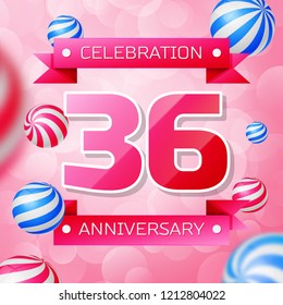 Realistic Thirty six Years Anniversary Celebration design banner. Gold numbers and blue ribbons, balloons on blue background. Colorful Vector template elements for your birthday party