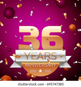 Realistic Thirty six Years Anniversary Celebration Design. Golden numbers and silver ribbon, confetti on purple background. Colorful Vector template elements for your birthday party