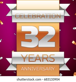 Realistic Thirty two Years Anniversary Celebration Design. Silver and golden ribbon, confetti on purple background. Colorful Vector template elements for your birthday party. Anniversary ribbon