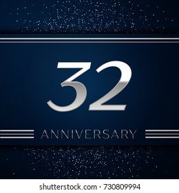 Realistic Thirty two Years Anniversary Celebration Logotype. Silver numbers and silver confetti on blue background. Colorful Vector template elements for your birthday party