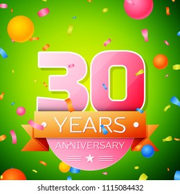 Realistic Thirty Years Anniversary Celebration Design. Pink numbers and golden ribbon, confetti on green background. Colorful Vector template elements for your birthday party