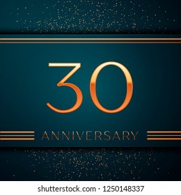Realistic Thirty Years Anniversary Celebration design banner. Golden number and confetti on green background. Colorful Vector template elements for your birthday party