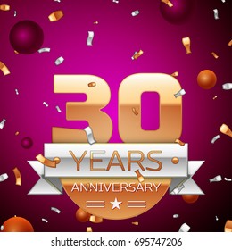 Realistic Thirty Years Anniversary Celebration Design. Golden numbers and silver ribbon, confetti on purple background. Colorful Vector template elements for your birthday party