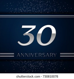 Realistic Thirty Years Anniversary Celebration Logotype. Silver numbers and silver confetti on blue background. Colorful Vector template elements for your birthday party