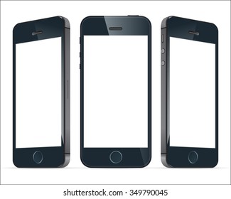 Realistic three black mobile phone with blank screen isolated. Modern concept smartphone devices with digital display. Vector illustration 