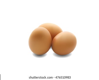 Realistic three brown eggs with drop shadow isolated on white background, vector